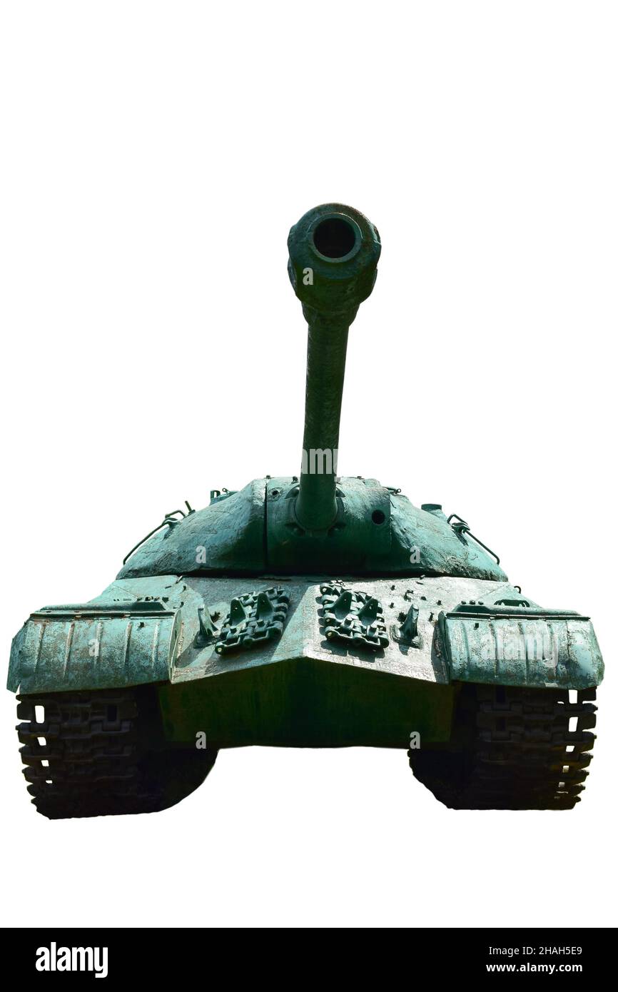 Alter sowjetischer schwerer Panzer, von vorne auf weißem Hintergrund unter dem Ausschnitt fotografiert. Nicht Markiert Stockfoto