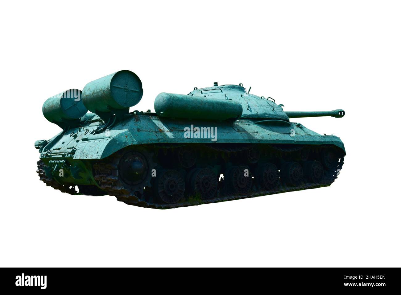Sowjetischer alter schwerer Panzer des Zweiten Weltkriegs Fotografiert auf halber Seite und Rückseite vor einem weißen Hintergrund. Stockfoto