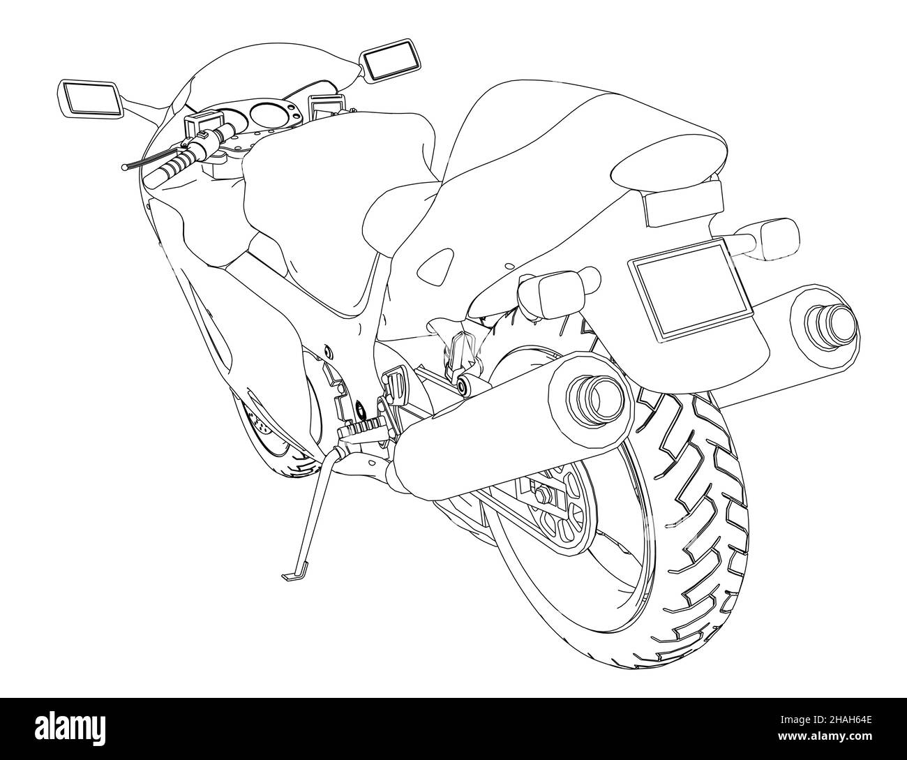 Kontur eines Sportmotorrads aus schwarzen Linien isoliert auf weißem Hintergrund. Perspektivische Ansicht. Vektorgrafik. Stock Vektor