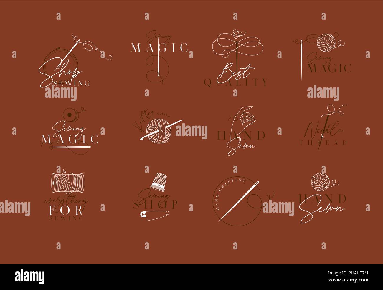 Nähen und Stricken von Etiketten mit Schriftzeichnung in klassisch anspruchsvoller Terrakotta-Farbe Stock Vektor