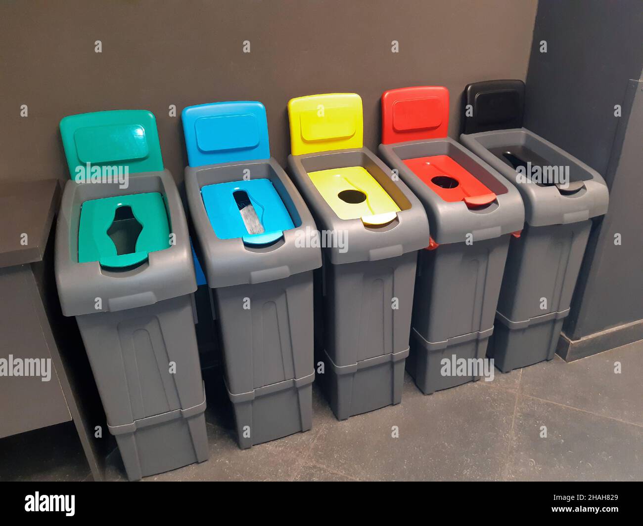 Fünf bunte Behälter zum Sammeln und Sortieren verschiedener Abfallarten zum Recycling Stockfoto