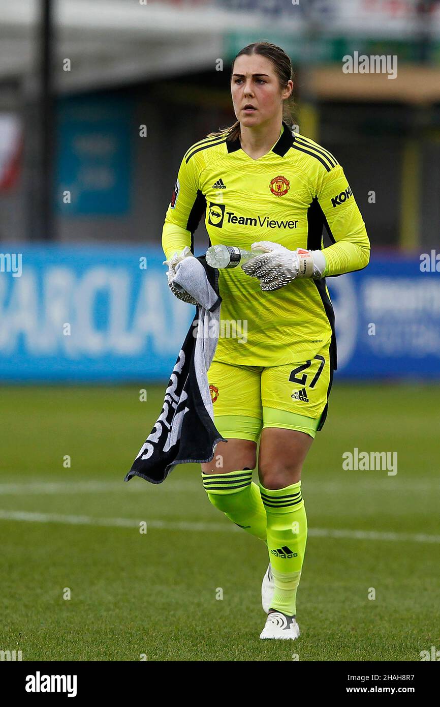 CRAWLEY, Großbritannien, DEZEMBER 12: Mary Earps of Manchester United Women während der Barclays FA Woman Super League zwischen Brighton und Hove Albion und Stockfoto