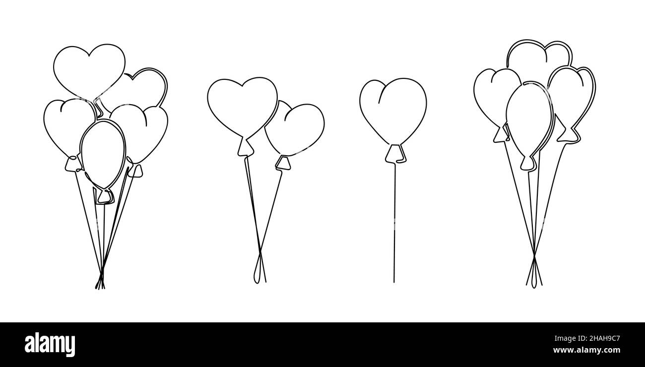Set von herzförmigen Ballons. Mit einer durchgehenden Linie gezeichnet. Abbildung des isolierten Vektorgrafiken Stock Vektor