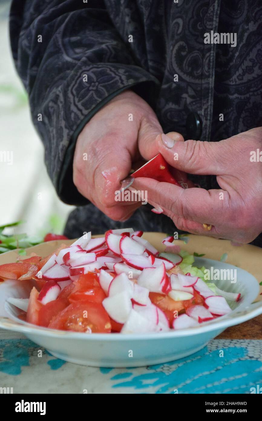 Eine alte Frau schneidet Tomaten und Radieschen in Scheiben zu einem Salat. Nicht erkennbare Person Stockfoto