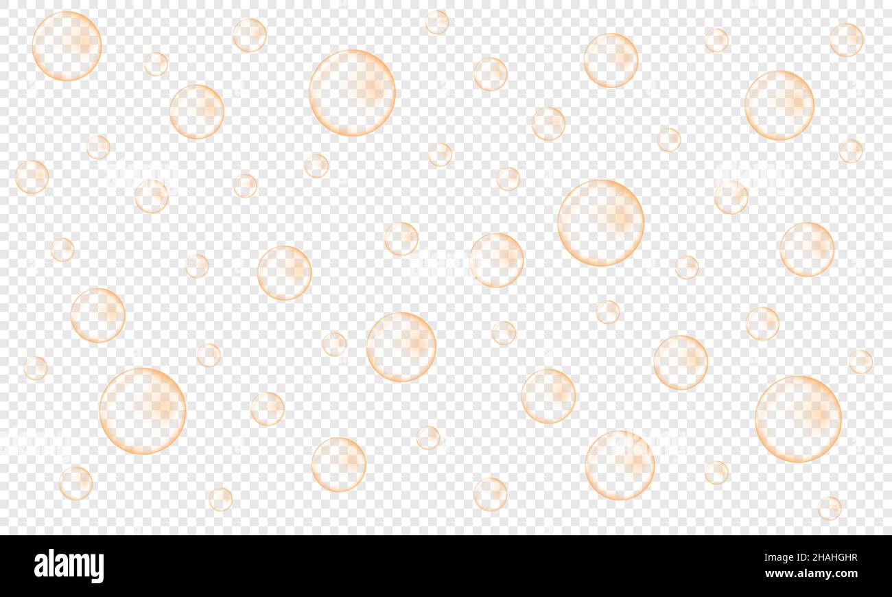 Goldene Luftblasen mit Champagner, Prosecco, Seltzer, Soda, Sekt. Kohlensäurehaltige Getränke-Textur Zischender Wasserhintergrund. Vektor-realistische Darstellung. Stock Vektor