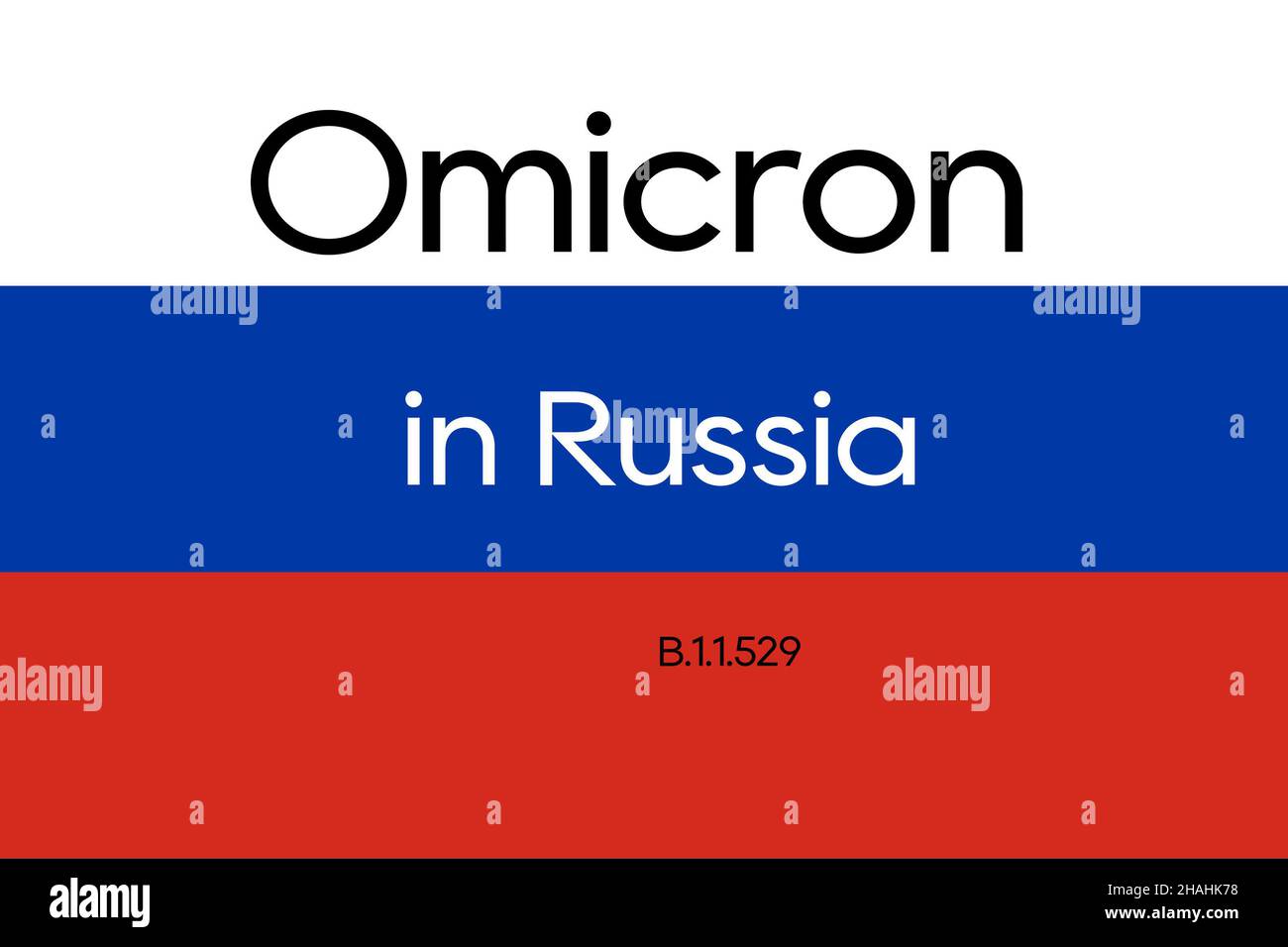 Russische Flagge mit Inschrift Omicron in Russland B.1.1.529 Stockfoto