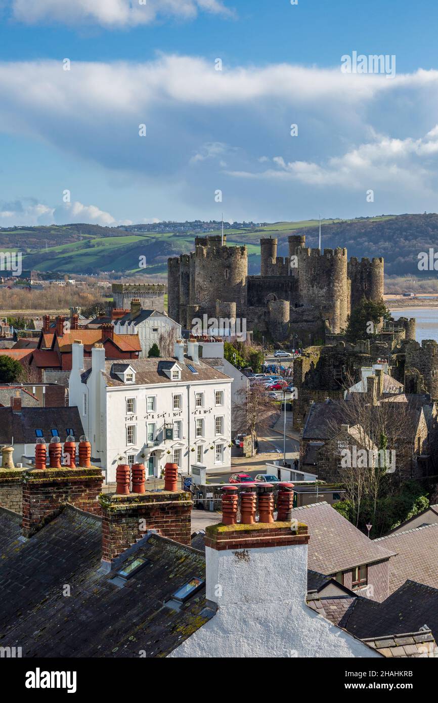 Conwy Castle über den Dächern der Stadt, Wales Stockfoto