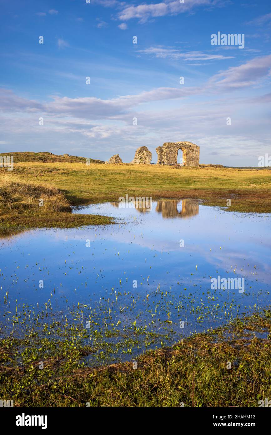 Die Ruinen der St. Dwynwen Kirche spiegeln sich im Wasser auf Llanddwyn Island, Isle of Anglesey, Nordwales Stockfoto