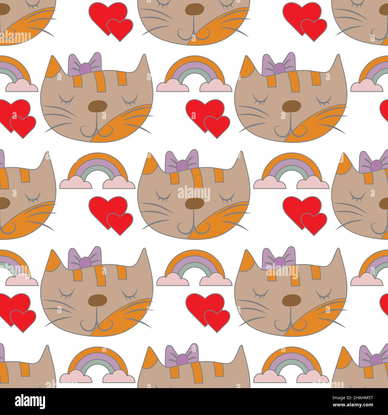 Nahtloses Muster mit niedlicher Katze, Regenbogen, Wolken, roten Herzen. Ideal für Kinderkleidung, Kinderdekoration. Vektorgrafik Cartoon Illustration Stock Vektor
