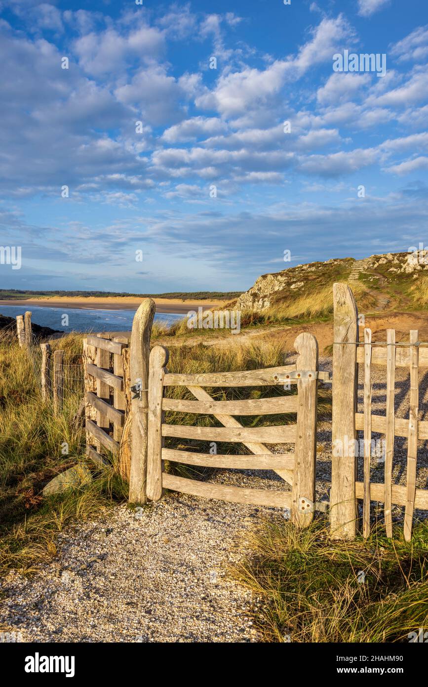 Ein geschnitztes Tor auf Ynys Llanddwyn am Newborough Beach, Isle of Anglesey, Nordwales Stockfoto