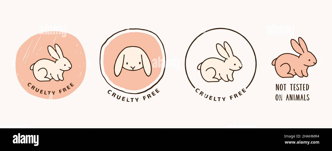 Cruelty Free, Note getestet auf Tiere handgezeichnete Ikonen, Logos, Briefmarken, Bio, vegan und natürlich Stock Vektor