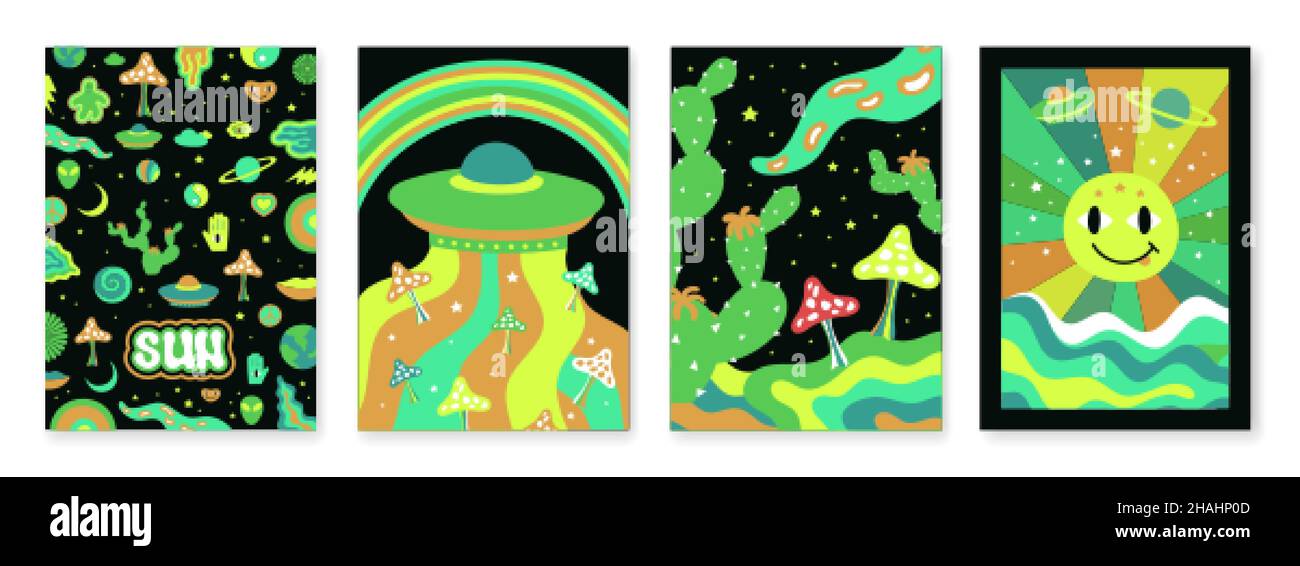 Psychedelischer Poster. Abstrakte Vintage-Grafiken, Hippie 1970s. Verrückte Fantasie, Regenbogen, Sonne und Herzen. Dekoration mit Sternen, schwülige künstlerische Stock Vektor