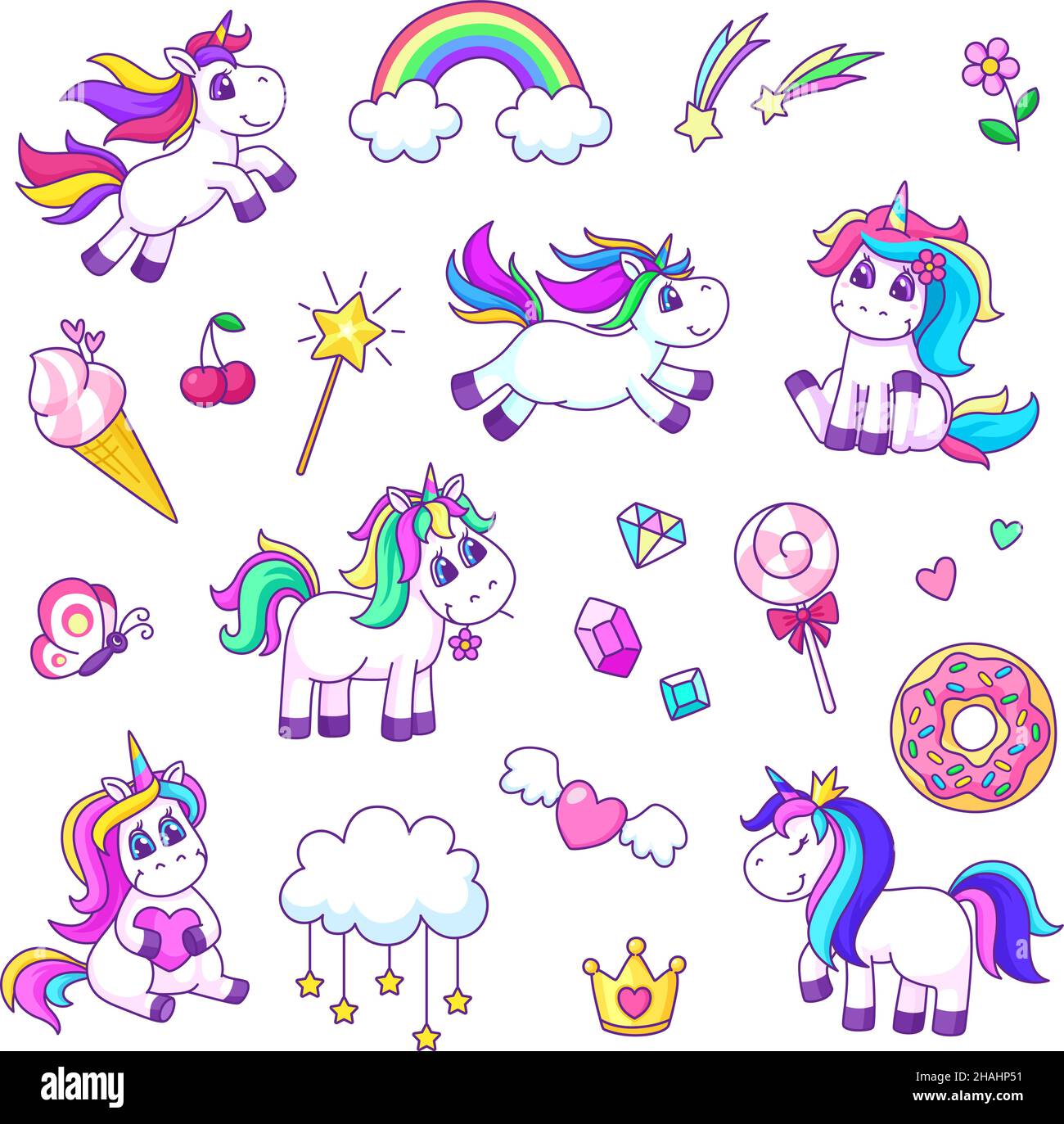 Niedliche Einhörner Set. Einhorn-Charaktere, magische Pony im Feenstil und Elemente. Hübsche Girly Aufkleber, Eis, Regenbogen und Wolken grellen Vektor-Set Stock Vektor