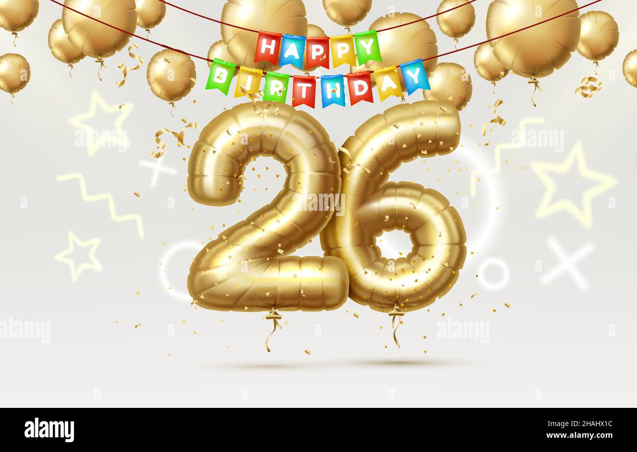 Happy Birthday 26 Jahre Jubiläum der Person Geburtstag, Luftballons in Form von Zahlen des Jahres. Vektorgrafik Stock Vektor