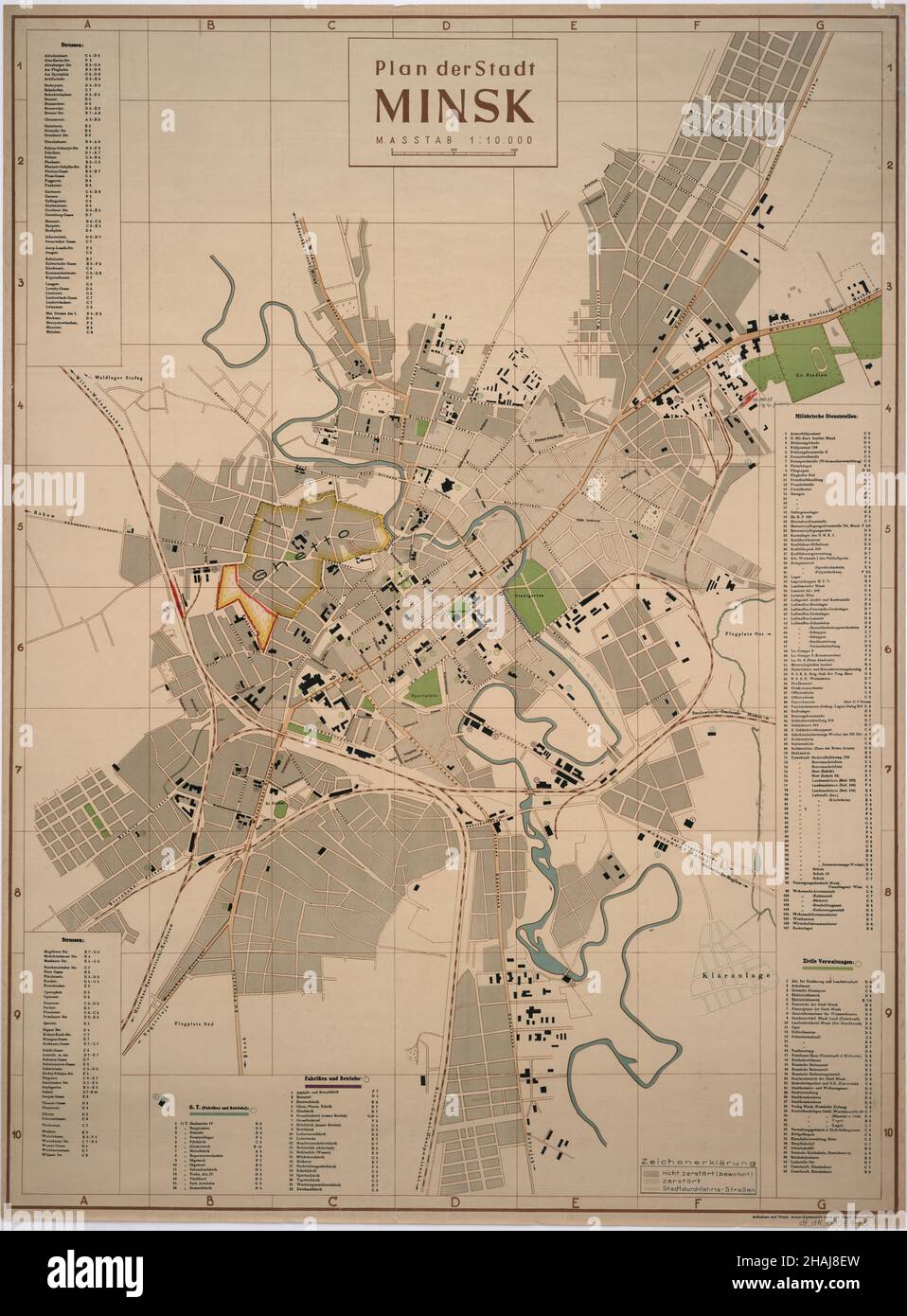 Historische Karte von Minsk im Jahr 1942: Ein detaillierter Stadtplan aus dem Zweiten Weltkrieg, Minsk Karte, Minsk Karte, Minsk Karten, Weißrussland Karte, Weißrussland Karte, Minsk Plan, Minsk Stockfoto