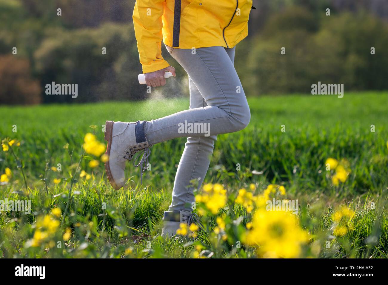 Wandererin sprüht Insektenschutzmittel gegen Zecken und Mückenstich auf ihre Beine und Stiefel Stockfoto