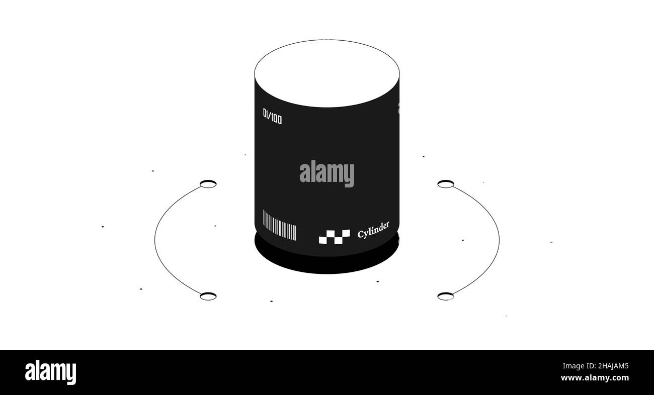 Mathematische Figur des Zylinders. Isometrische schwarz-Weiß-abbildung 3D isoliert auf weißem Hintergrund. Stockfoto