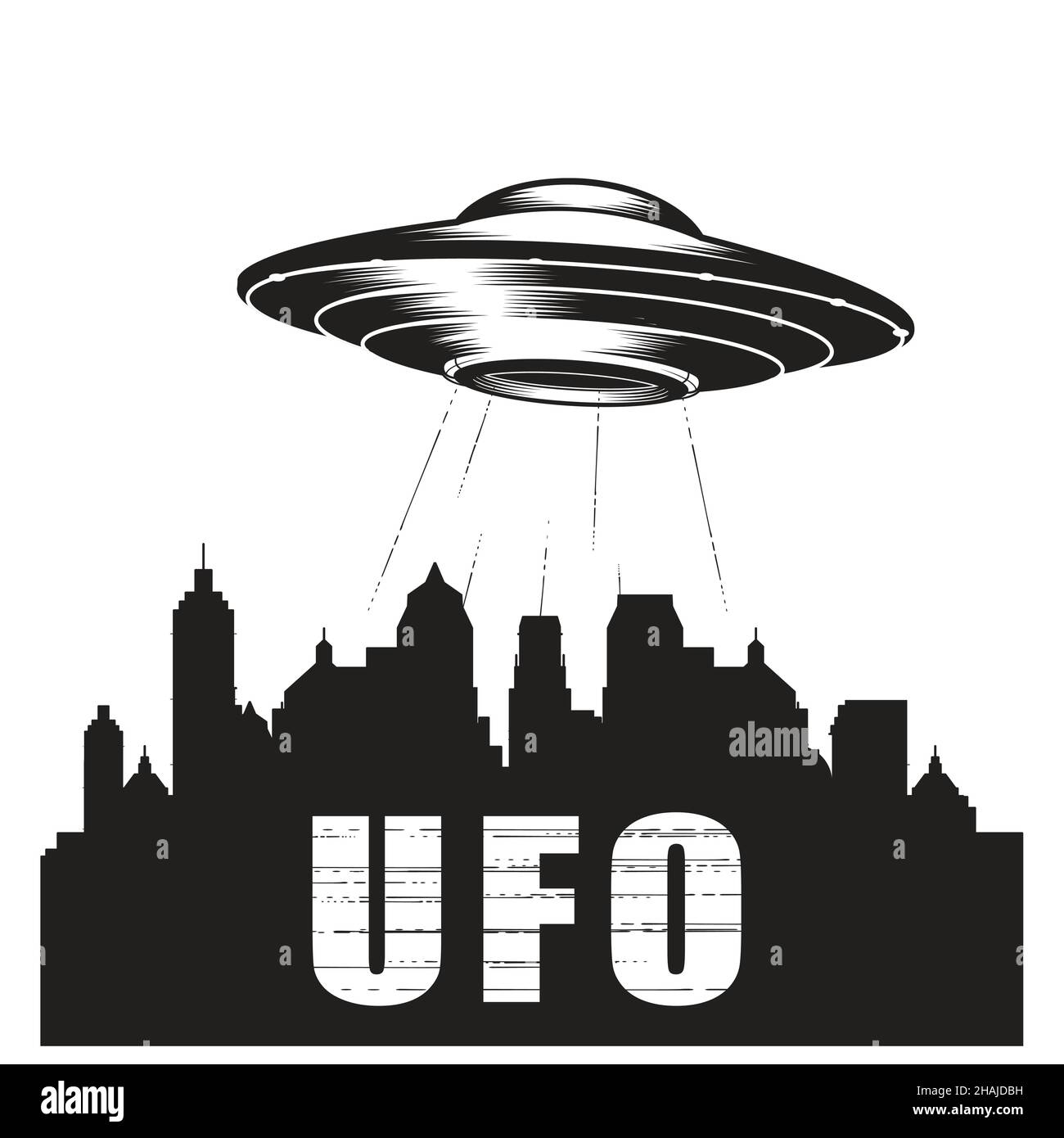 UFO über Stadt Silhouette, Alien Raumschiff, außerirdische fliegende Untertasse, ufo-Scheibe, Vektor Stock Vektor
