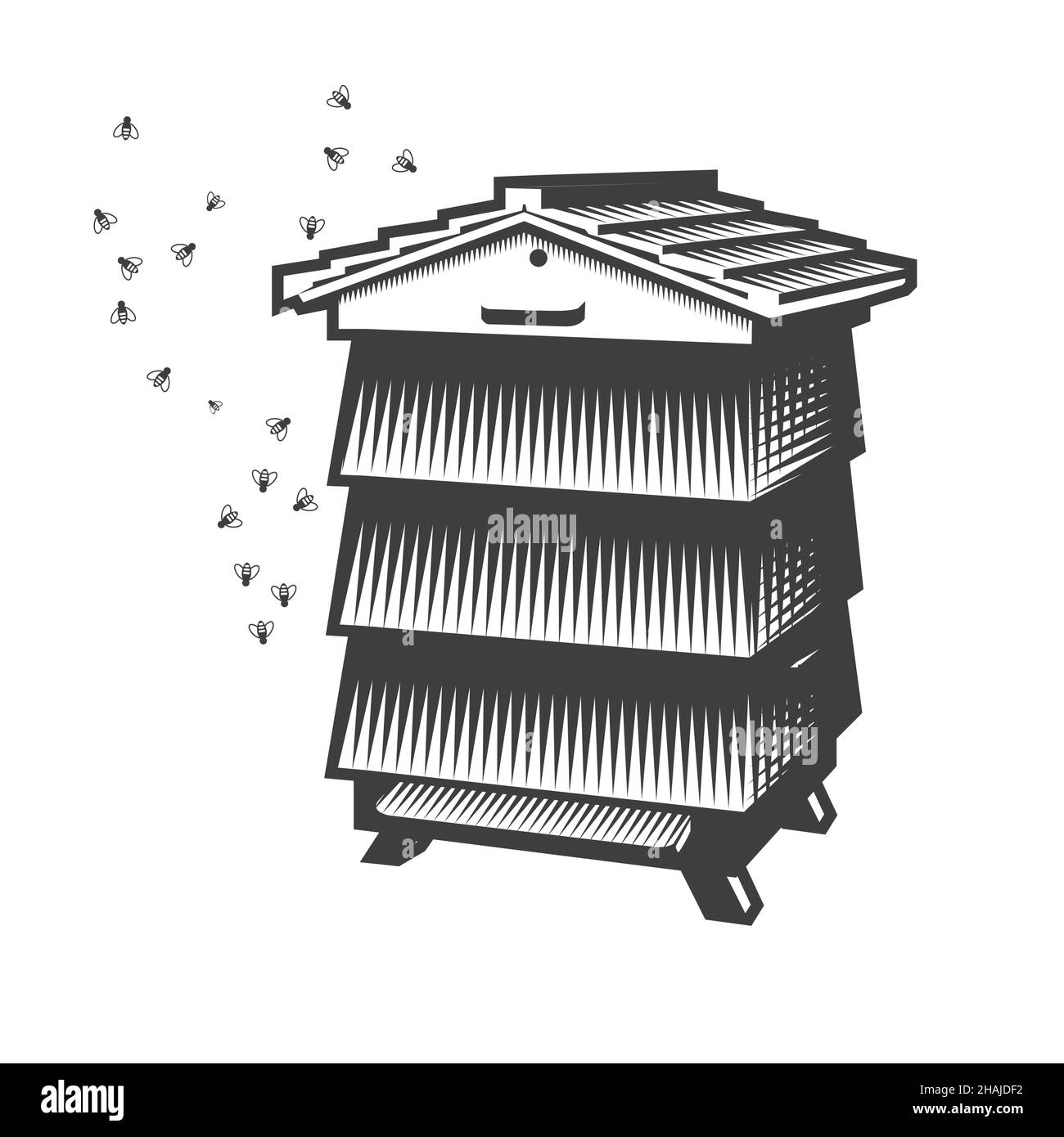 Alter hölzerner Bienenstock, Plankenhaus für Bienenzucht, Vektor Stock Vektor