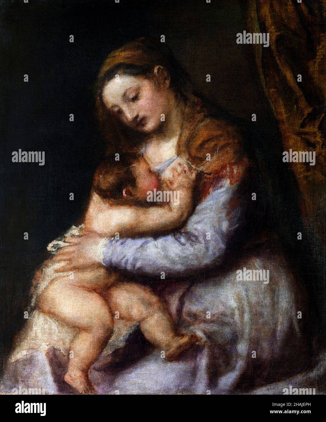 Die Jungfrau, die das Jesuskind von Tiziano Vecellio (Tizian - 1490-1576), Öl auf Leinwand, c. 1565-75 Stockfoto