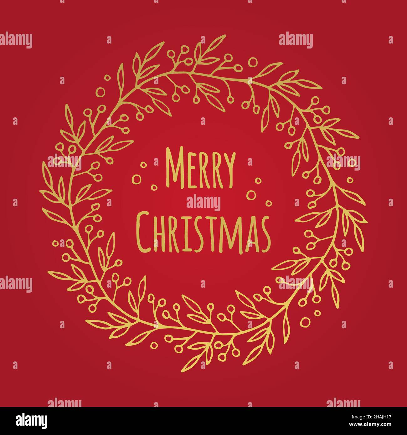 Frohe Weihnachten Grußtext mit Blumenkranz. Handgezeichnete Vektorgrafik. Stock Vektor