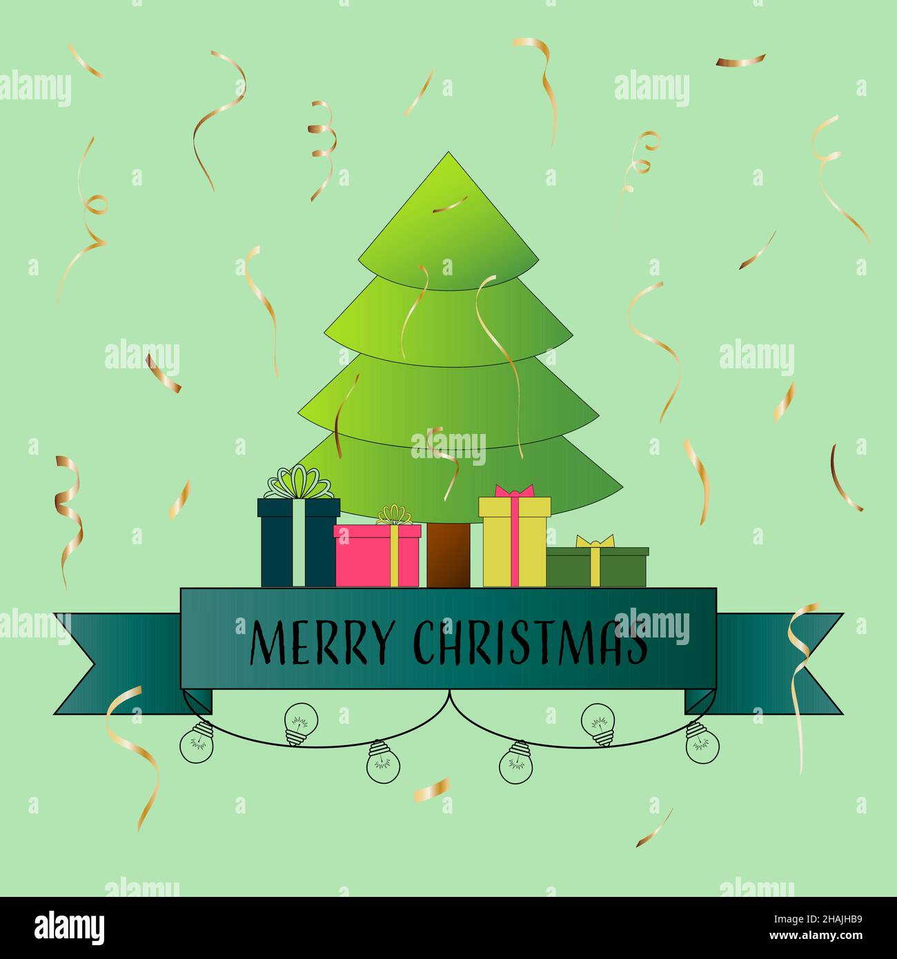 Weihnachtsbaum mit Geschenken auf hellgrünem Hintergrund, serpentinische Inschrift Stock Vektor
