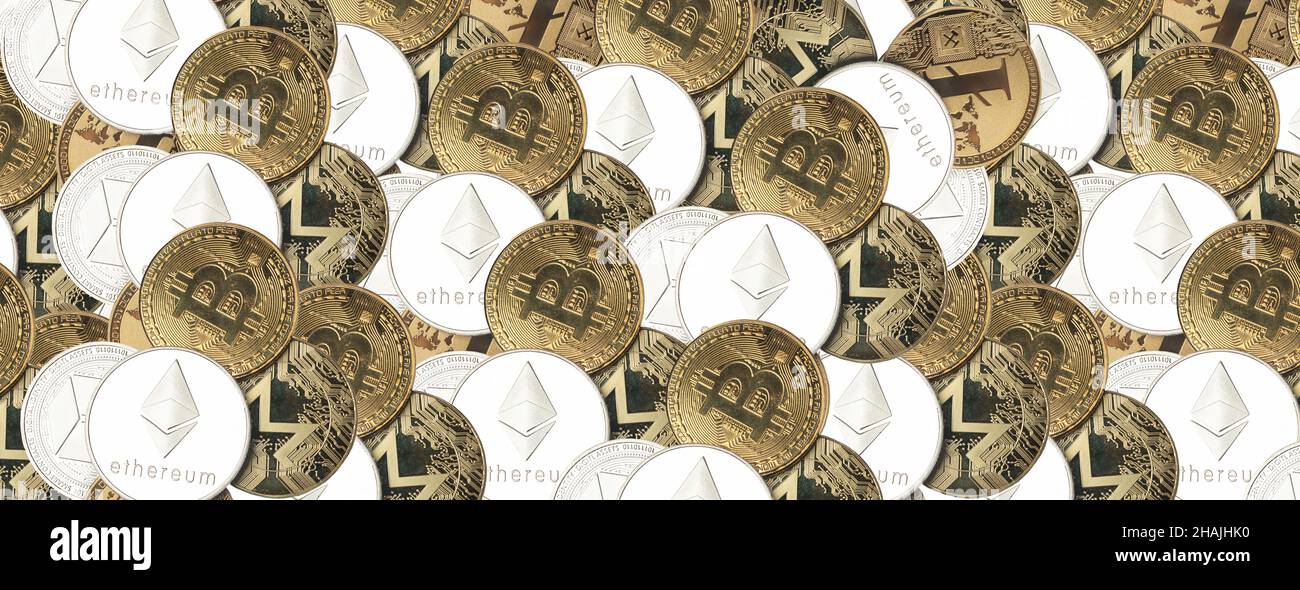 Krypto-Währungsmünzen, Geldhintergrund mit Bitcoin und ethereum-Website-Header, Banner. Stockfoto