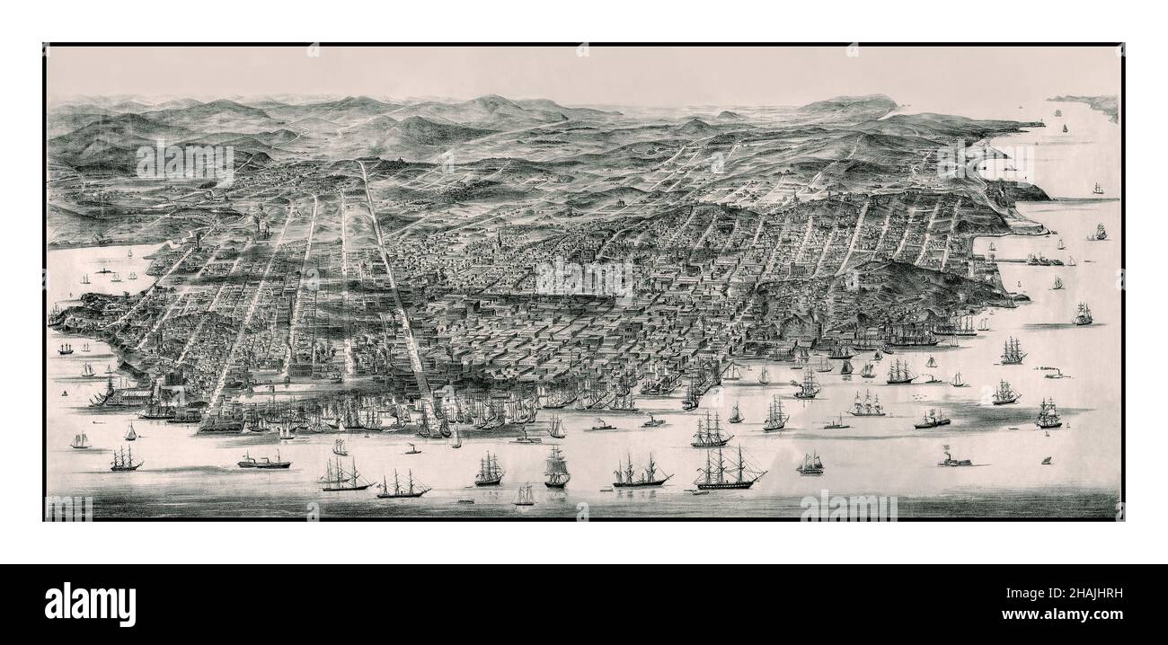 SAN FRANCISCO BAY 1800s VINTAGE-KARTE 3D VEREINIGTE STAATEN - UM 1864: Vogelansicht von San Francisco, Kalifornien von oben nach Westen. USA Stockfoto