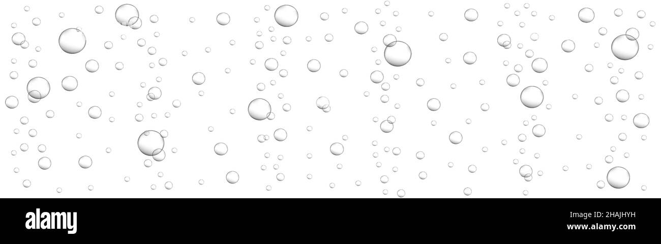 Sauerstoffblasen strömen. Kohlensäurehaltiges Getränk, Seltzer, Bier, Soda, Cola, Limonade, Champagner, Schaumweintextur. Kohlendioxid in Wasser. Vektor-realistische Darstellung. Stock Vektor