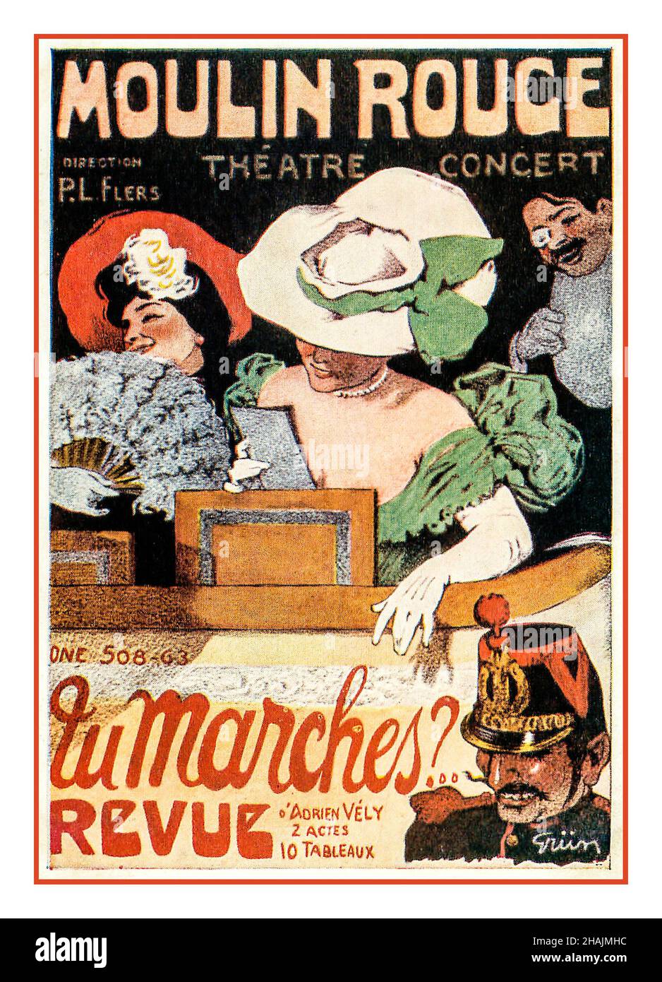 MOULIN ROUGE REVUE Vintage Poster Card Moulin Rouge Theater Konzert Poster 1890s Military ‘Marches Revue’ Paris Frankreich Stockfoto