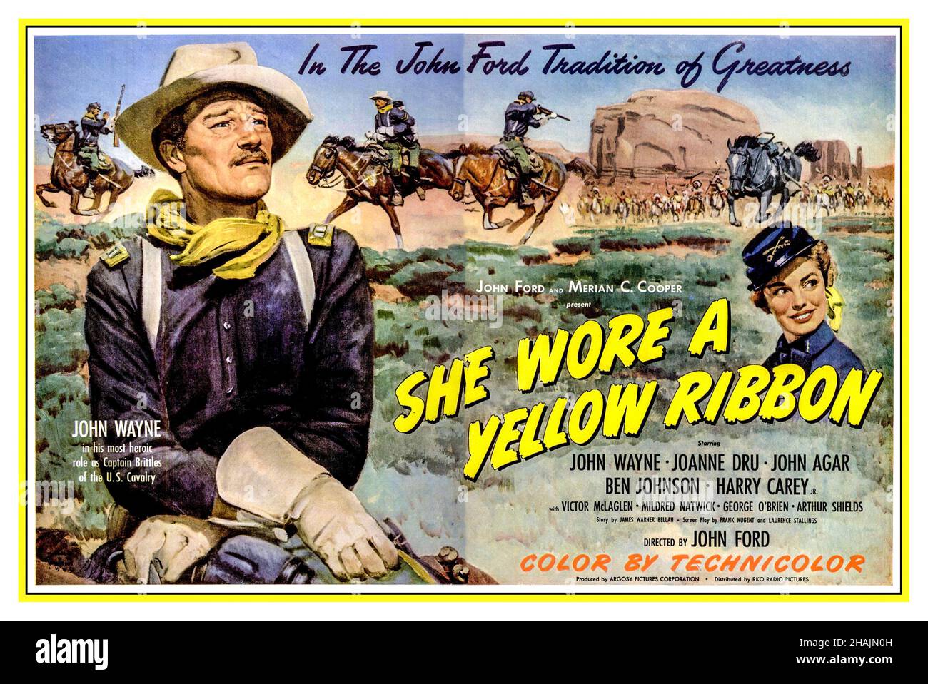 SIE TRUG Ein GELBES BAND Vintage Movie Film Poster „She Worn a Yellow Ribbon“ mit John Wayne, Regie: John Ford John Wayne, Joanne Dru, John Agar, Ben Johnson, Harry Carey, Jr., 1949. Stockfoto