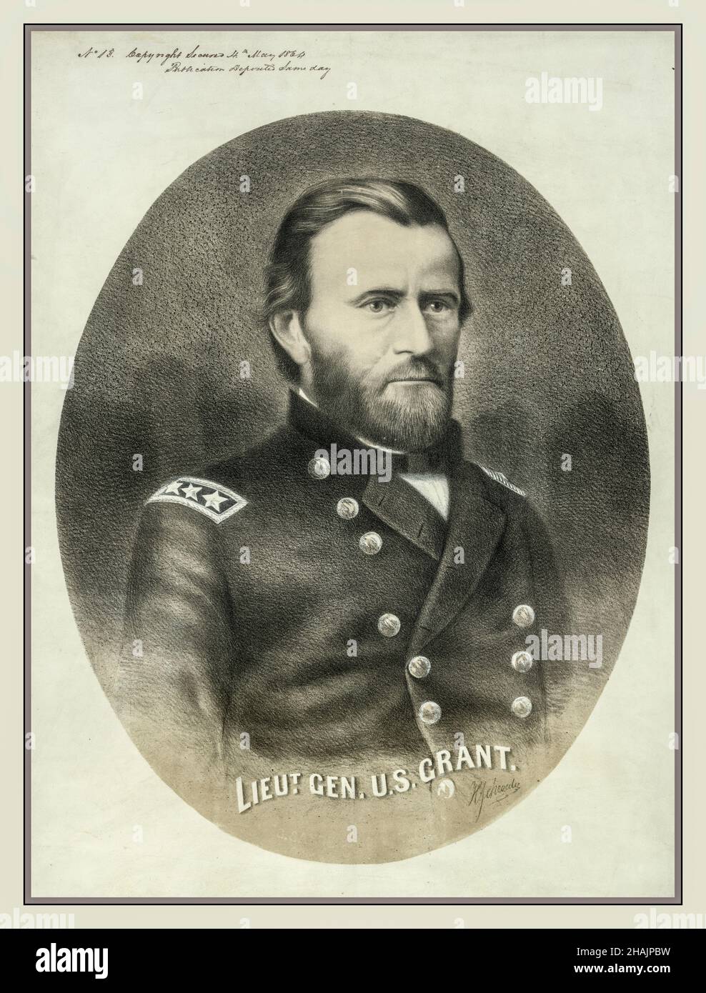 GENERAL GRANT Vintage 1864 Portrait Illustration von Lieut. Gen. U.S.Grant / H. Schroeder. Kopf-Schultern-Porträt, nach links zeigend. c1864. - Grant, Ulysses S.--(Ulysses Simpson),--1822-1885--Militärdienst Stockfoto