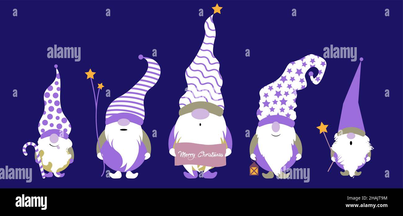Set aus Weihnachtsgnome, skandinavischen nordischen Gnome, niedlichen Weihnachtsmann Gnome Elf. Vektorgrafik isoliert auf blauem Hintergrund. Weihnachtselemente für Stock Vektor