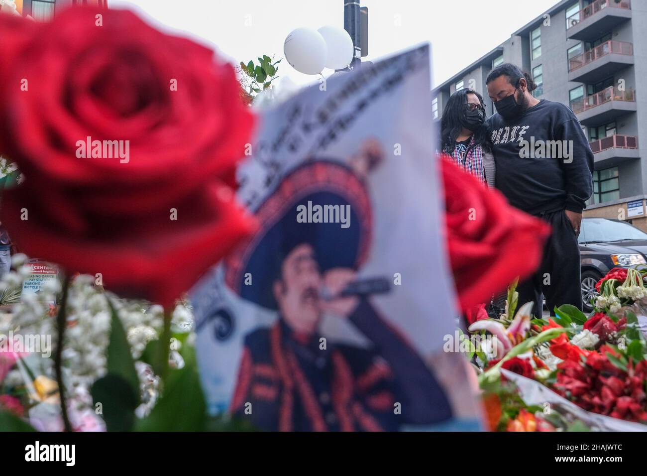 Los Angeles, Kalifornien, USA. 13th Dez 2021. Blumen und Kerzen werden am Hollywood Walk of Fame Star des verstorbenen mexikanischen Musikers Vicente Fernandez am Montag, den 13. Dezember 2021, in Los Angeles ausgestellt. Fernandez, ein legendärer und geliebter Sänger der regionalen mexikanischen Musik, der mit drei Grammys und neun Latin Grammys ausgezeichnet wurde, starb am Sonntag um 81 Uhr. (Bild: © Ringo Chiu/ZUMA Press Wire) Stockfoto