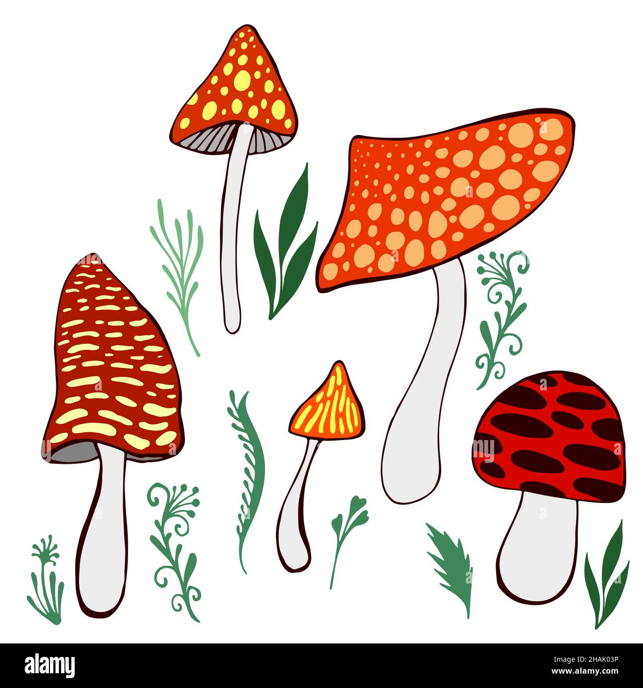 Setzen Sie dekorative Pilze, bunte halluzinogene Amanita, isoliert auf weißem Hintergrund. Stock Vektor