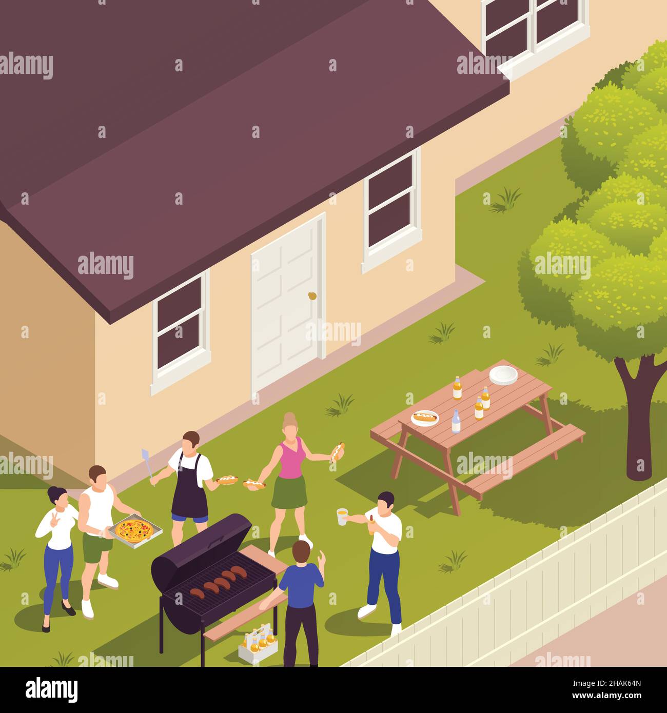 Sommer Vorgarten Rasen Familie Picknick isometrische Ansicht mit Grill Fleisch Grillen Gäste bringen Pizza Vektor Illustration Stock Vektor