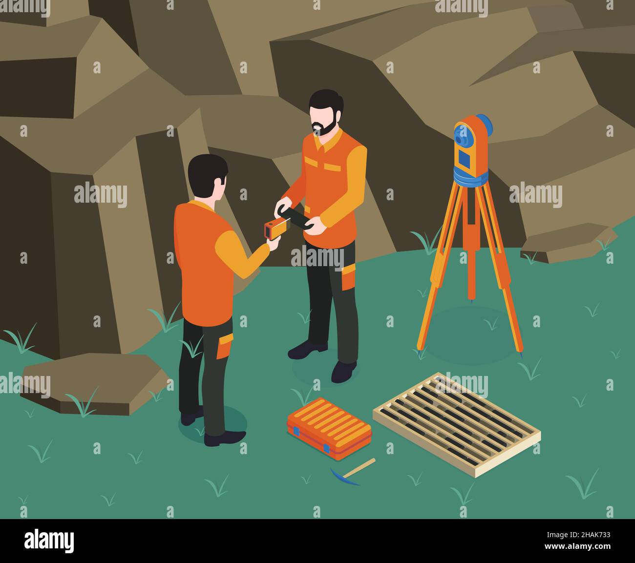 Isometrische geologisch gefärbte Zusammensetzung zwei Geodäten arbeiten vor Ort mit ihrer Ausrüstung Vektordarstellung Stock Vektor