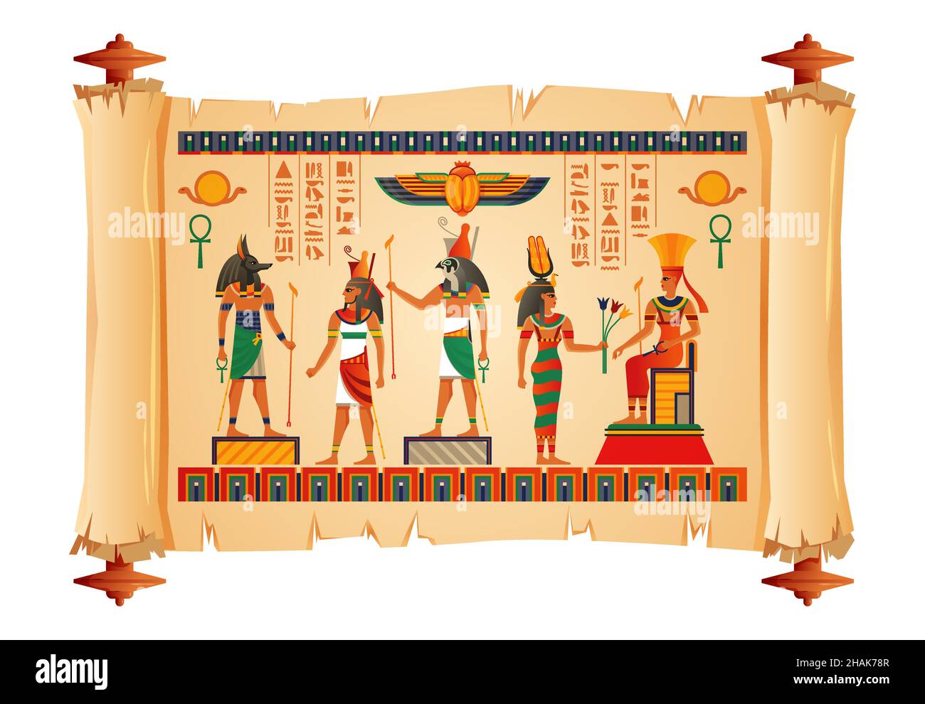 Altes ägypten Religion Kultur Geschichte Papyrus mit Hauptgöttern Bilder Skarabäus Käfer Amulett Museum Ausstellung Vektor Illustration Stock Vektor