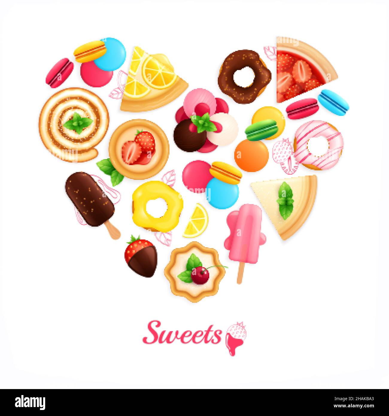Desserts Süßigkeiten Café Süßwaren Herz geformt Werbekomposition mit Eis Schokolade überzogene Erdbeeren Donuts Vektor-Illustration Stock Vektor