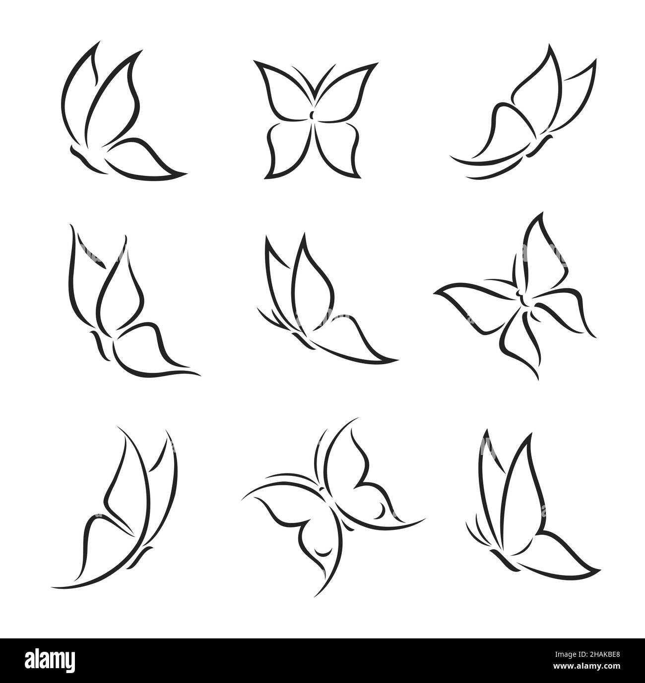 Skizzieren Sie Schmetterlingsbilder und Konturen. Mottenvektor-Insektenlogo mit offenen und geschlossenen Flügeln, isoliertem Sommer- oder Frühlingsschmetterling. Tattoo-Design, sp Stock Vektor