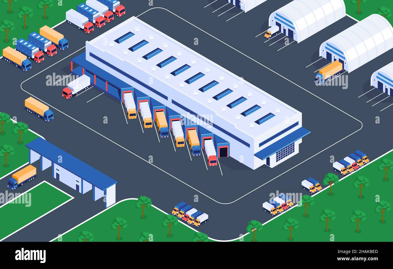 Logistikservice Lagereinrichtungen isometrische Ansicht des Verteilzentrums Terminal Beladung Entladen von Lastkraftwagen Vektor-Illustration Stock Vektor