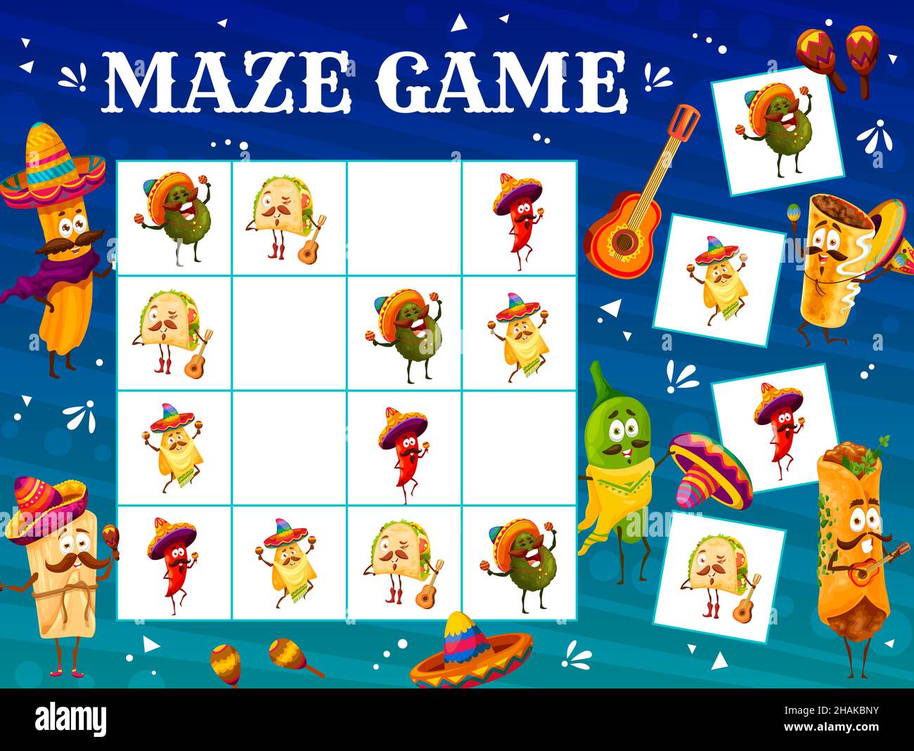 Sudoku Kinder Spiel Arbeitsblatt mit Cartoon lustige mexikanische Lebensmittel-Charaktere. Sudoku Vektor Puzzle d Spiel mit mexikanischen Burrito und Tacos, Nachos, Avocado und Stock Vektor