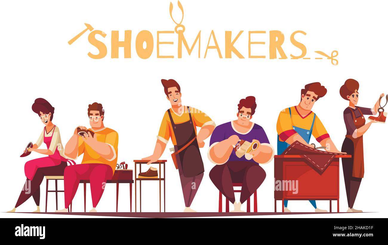 Cartoon menschliche Charaktere von Schuhmachern Reparatur und Reinigung von Schuhen und Stiefeln Vektor-Illustration Stock Vektor