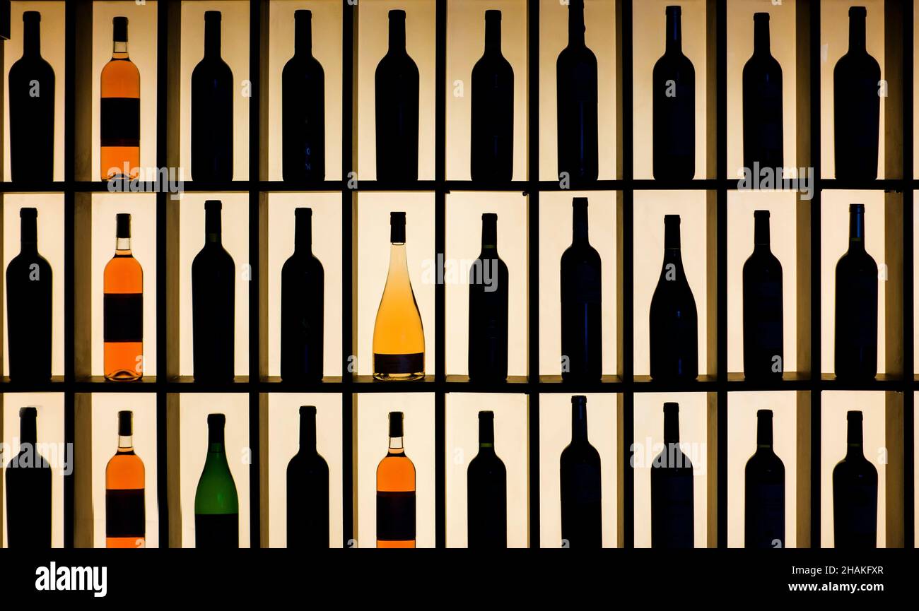 Weinflaschen, die auf Regalen silhouettiert wurden Stockfoto