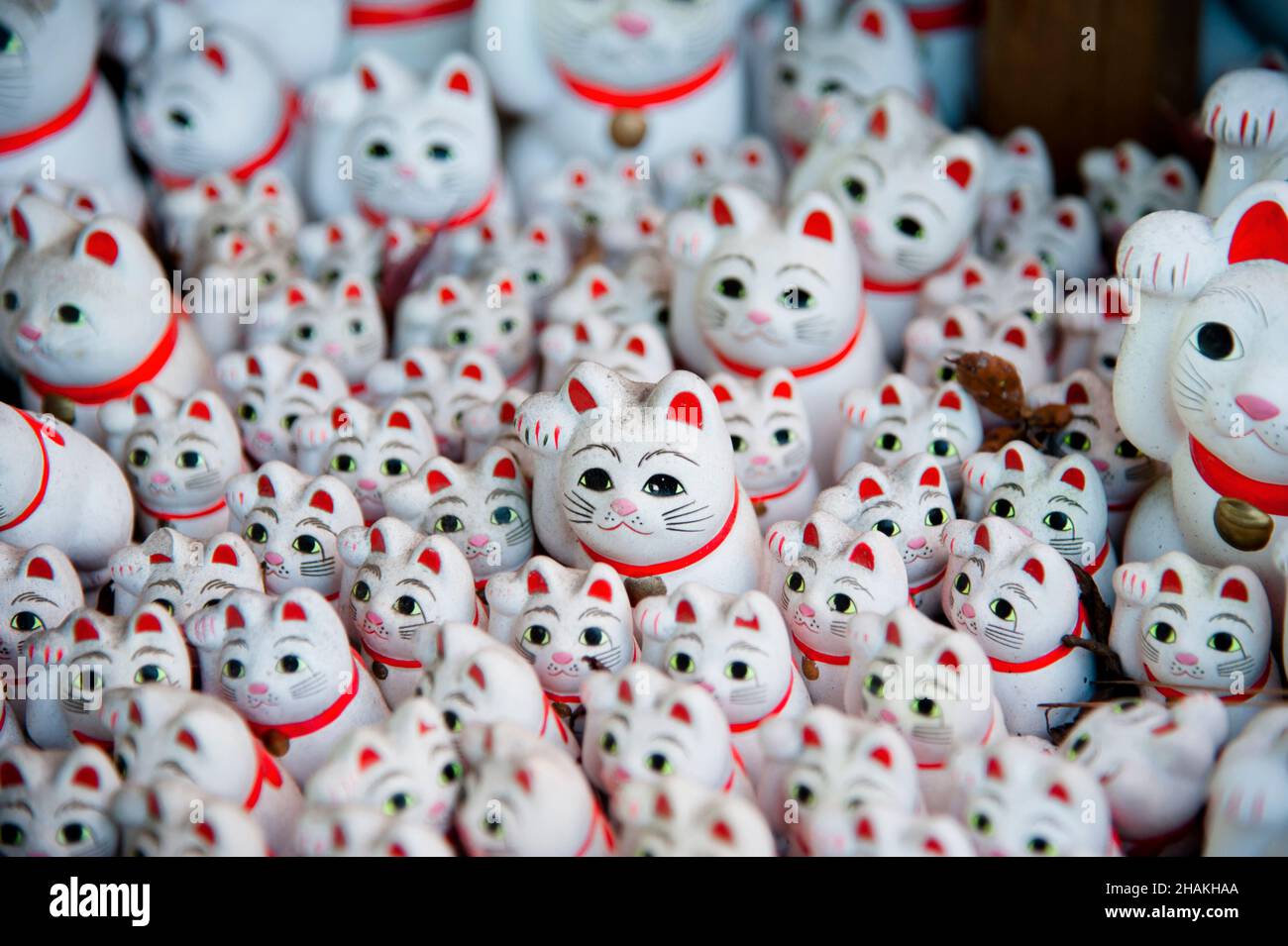 Traditionelle, winkende Katzenstatuen, auch bekannt als Maneki-Neko, im Gotokuji-Tempel in Tokio, Japan. Stockfoto