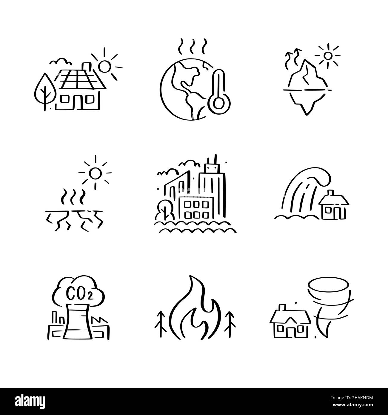 Auswirkungen der globalen Erwärmung und Prävention. CO2 Emissionen, Waldbrände, Hurrikane und Dürre. Symbole im Doodle-Stil Stock Vektor