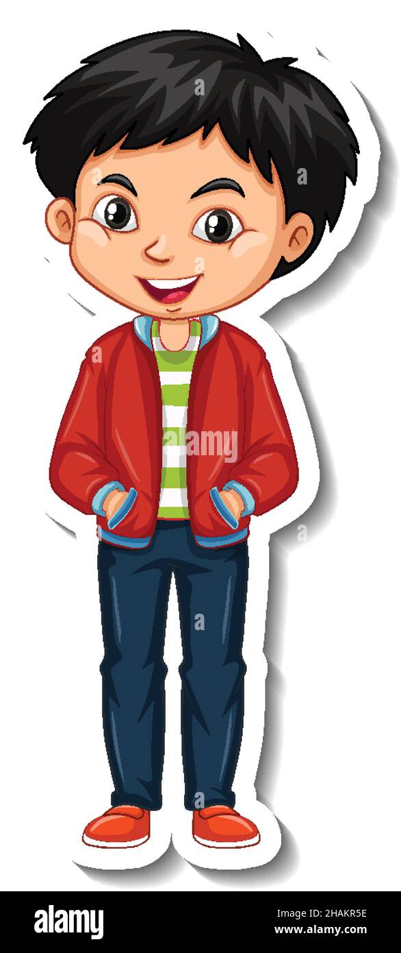 Ein asiatischer Junge trägt rote Jacke Cartoon Charakter Aufkleber Illustration Stock Vektor