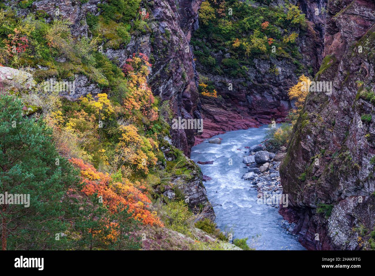 ALPES-MARITIMES (06), VAR-TAL, DIE DALUIS-SCHLUCHTEN WURDEN VOM VAR IN ROTWEINFELSEN, DIE ALS SCHLAMMSTEINE UND PERM BEZEICHNET WERDEN, GESCHNITZT. DIESE RILLEN SIND AUCH Stockfoto