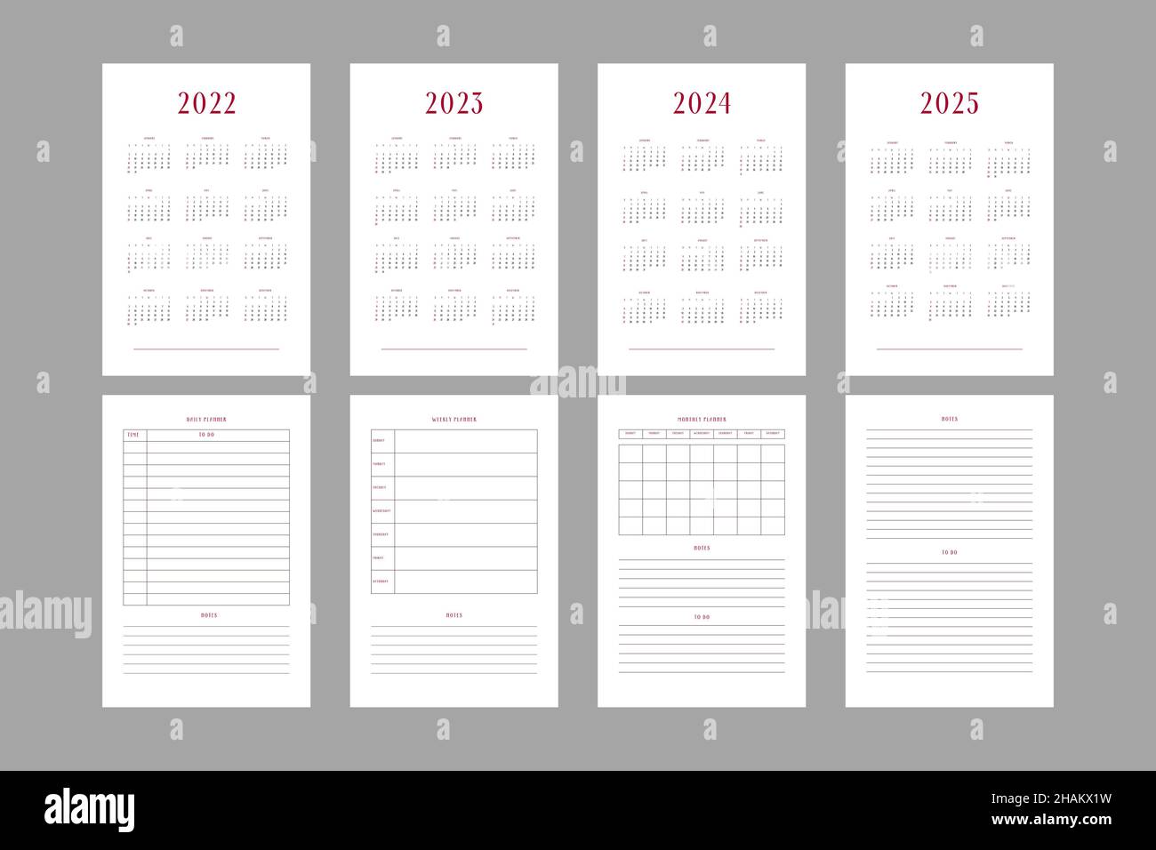 2022 2023 2024 2025 Kalender und tägliche wöchentliche persönliche Planer Kalender Vorlage 