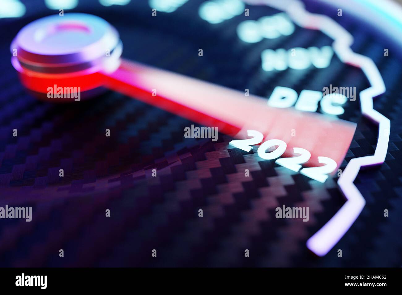 3D-Abbildung Nahaufnahme Instrument Automobil-Panel mit Tachometer, Drehzahlmesser, die Frohe Weihnachten sagt 2021, 2022. Das Konzept des neuen Jahres Stockfoto